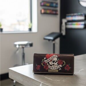 Ed Hardy vintage brown wallet true love forever red roses rhinestones and skull